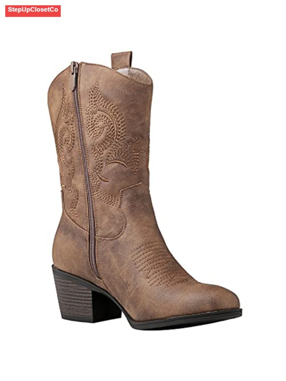 Women's Mid Calf Cowgirl Boots Chunky Low Heel Faux Leather Zip Closure - Picture 2 of 6